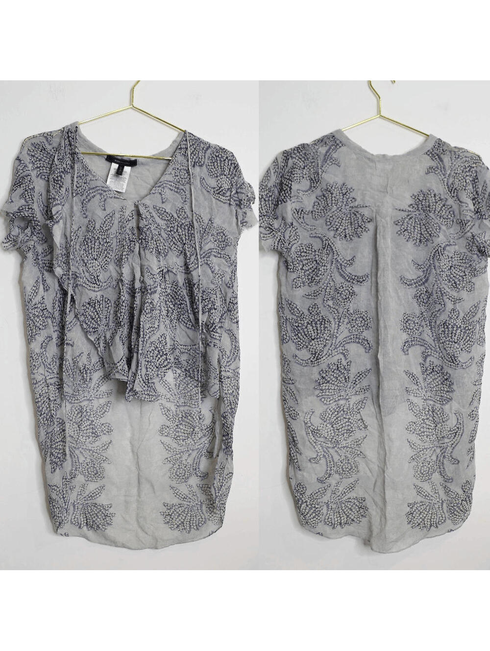 BCBGMAXAZRIA Blue Silk Damask Hi Low Boho Blouse - Medium